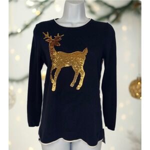 Crown & Ivy Reindeer Sweater Women S Navy Blue Sequin Holiday Striped Cotton